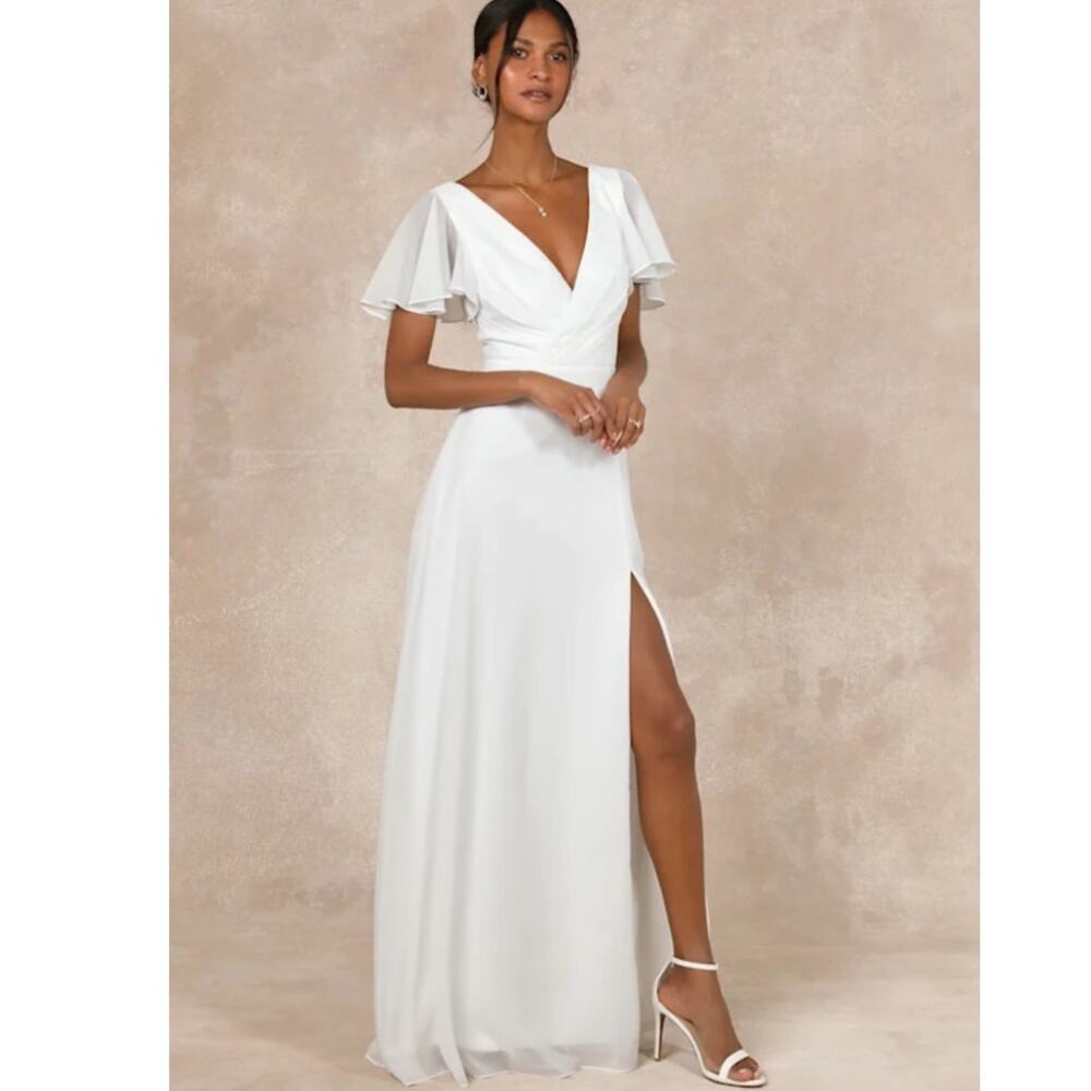 NWT Lulus Beautiful Perfection White Flutter Sleeve Embroidered‎ Maxi Dress Sz S